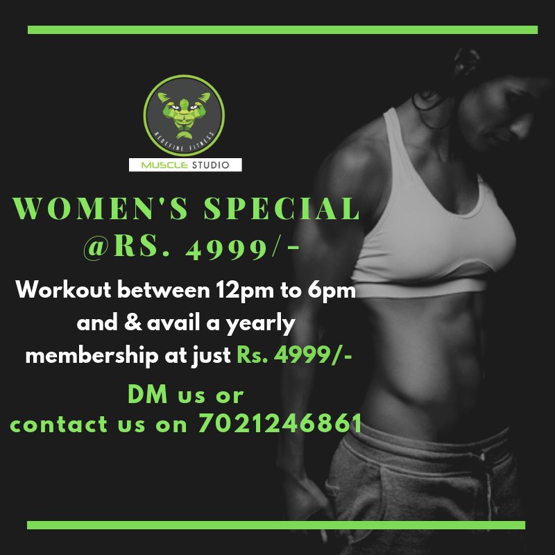 muscle_studio's tweet photo. Women's Special Offer!

We are running a special offer on our membership at just Rs 4,999/- Grab this exclusive offer now!!

Contact us on 7021246861 or DM us.

Don't miss out on this amazing offer!

#gym #fitness #workout #fit #motivation #fitnessmotivation #exercise #fitfam https://t.co/snBvsyGJPL