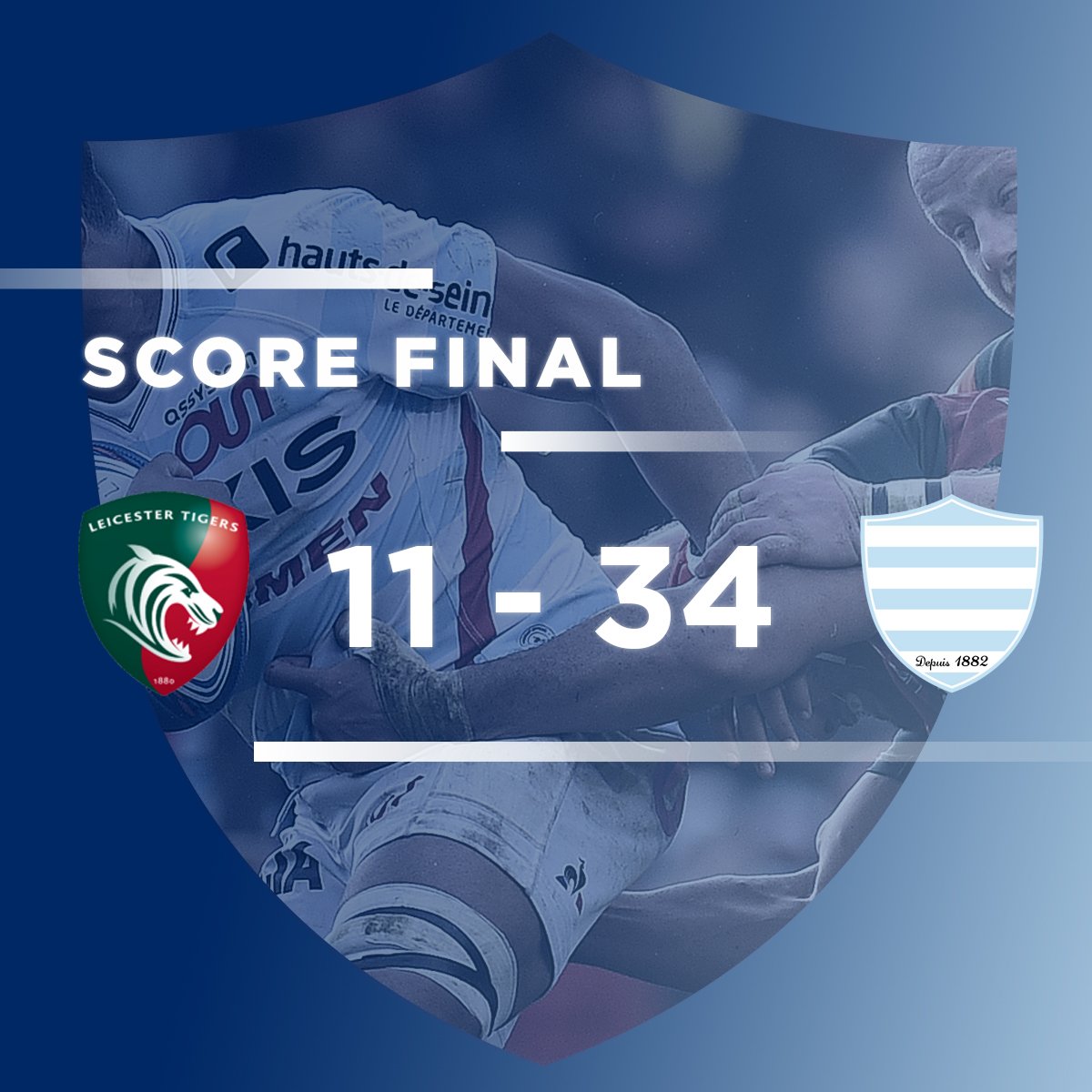 racing92's tweet photo. FT | Leicester Tigers v Racing 92 | #LEIR92

💯 VIIIIICTOIRE bonifiée ! Magnifique match des Ciel &amp; Blanc à Welford Road qui ont régalé jusqu'à la dernière minute.
La phase retour commence bien pour le Racing ! 🔥

📋 Leicester 11 - 34 Racing https://t.co/tHjHc2LbRc