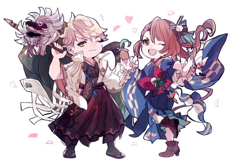 beatrix (granblue fantasy) ,gran (granblue fantasy) japanese clothes 1boy 1girl one eye closed kimono brown hair smile  illustration images