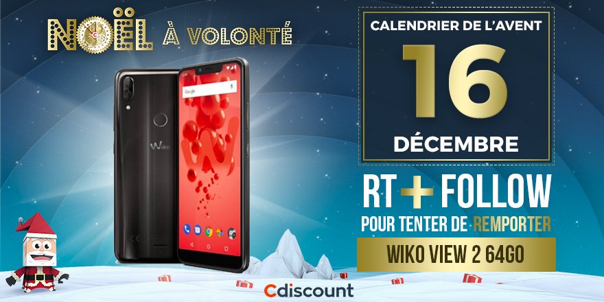 Cdiscount's tweet image. 🎁 JOUR 16

👌 À gagner pour le #CalendrierDeLAventCdiscount : Wiko View 2 64Go

👉 bit.ly/2RXTnxV

🔸 Pour tenter votre chance : 
RT ce tweet + Follow @Cdiscount 

☑️ TAS 19/12