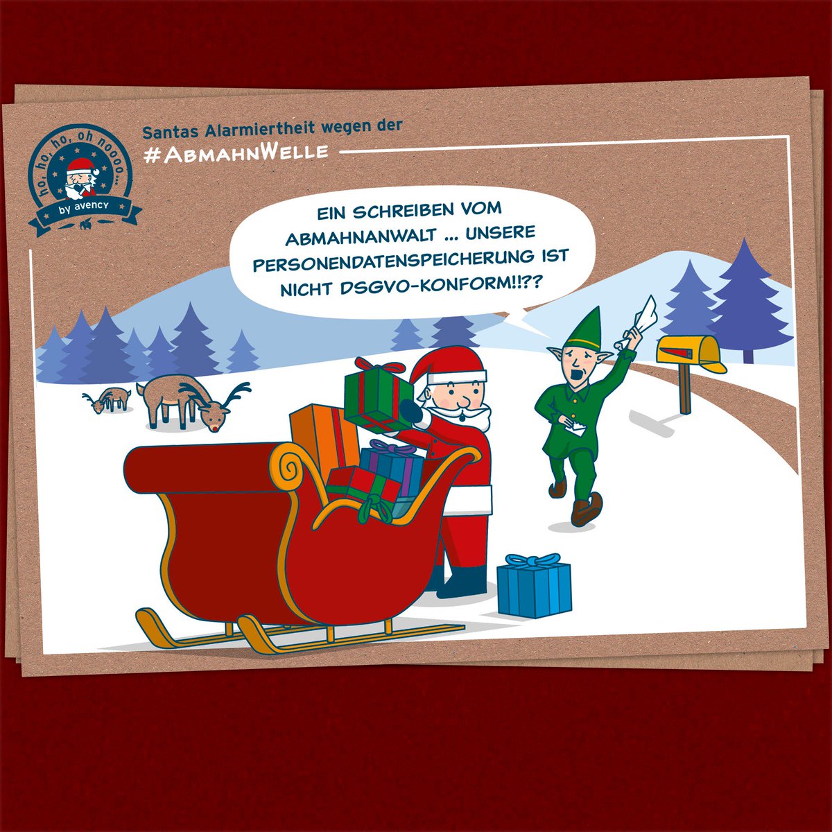 avencyGmbH's tweet photo. 🎅 Santas Alarmiertheit wegen der #AbmahnWelle
—
#SantaUndDerDatenschutz |
Schmunzelt in den kommenden Tagen mit uns über Santas Beiträge und Ideen zu #DSGVO und #Datenschutz… #HoHoHoOhNoooo https://t.co/SIDjF9d15L