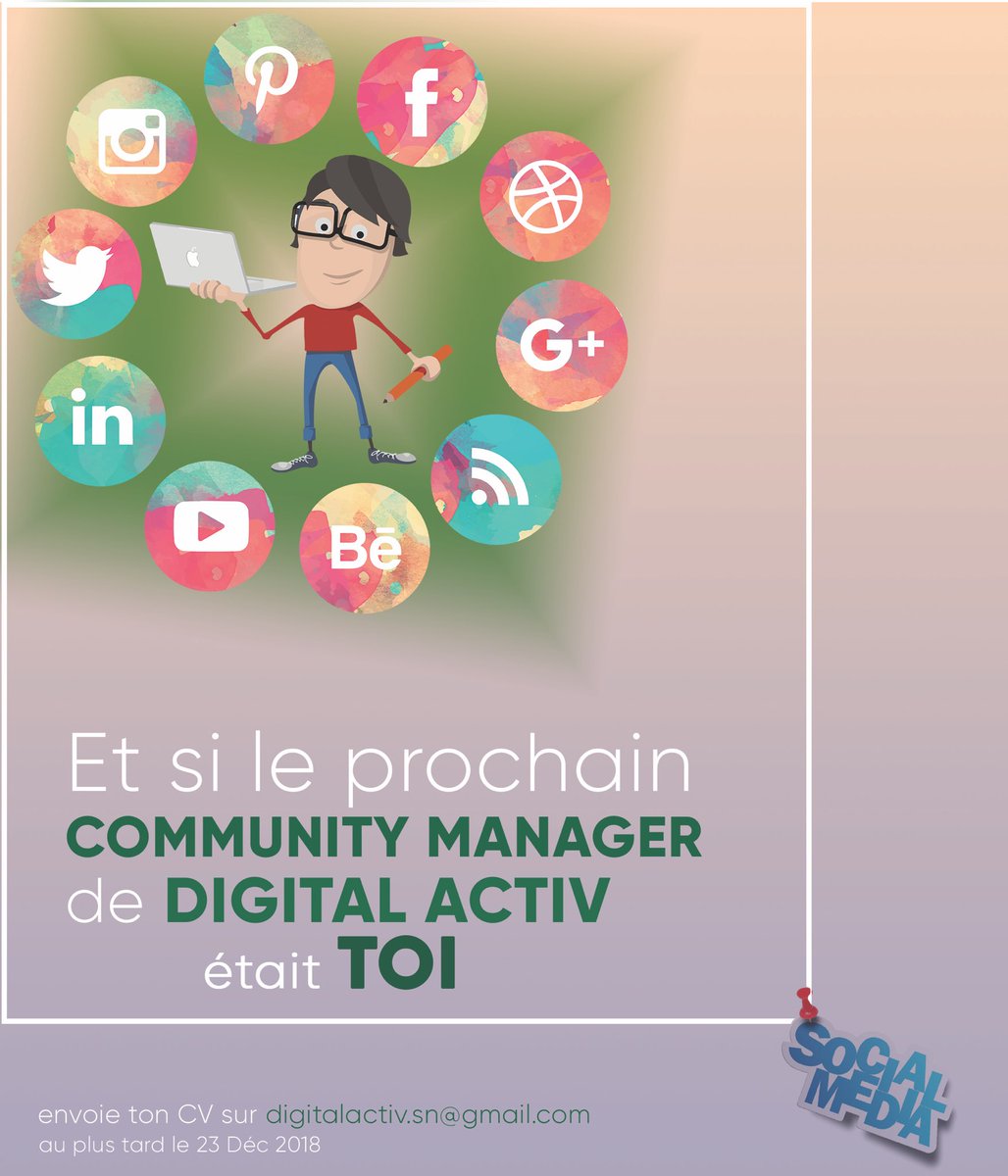 DigitalActiv's tweet photo. DIGITAL ACTIV SN SARL recrute !
Veuillez lire la description entièrement sur 👉🏼 Facebook https://t.co/JIjmwmbdxa…
 sur Instagram 👉🏼 https://t.co/2LDepahIJ3…
Deadline le 23 Décembre 2018 https://t.co/xqW8aJJ2HY