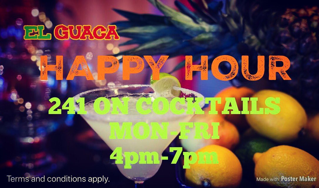 ElGuacaMexGrill's tweet photo. HAPPY HOUR
241 on cocktails Monday to Friday from 4pm till 7pm.
Cheapest cocktail free.
Not to be used with any other offer or discount.
Enjoy 😉.                                 #Maldon #Colchester #Clacton #Newmarket #elguaca #happyhour #cocktails https://t.co/i7A6JjQOaL