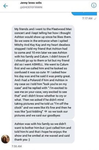 Update5SOSNews's tweet photo. Looks like Calum, Ashton, Mitchy and KayKay, along with Ash’s family, went to the Fleetwood Mac concert last night! Lauren also posted a concert video on her Instagram story.
Here is a fan’s experience of meeting Cashton.
Credits || @ghostoflrwin
#7YearsOf5SOS #Vote5SOS https://t.co/8BN1aT76Vg