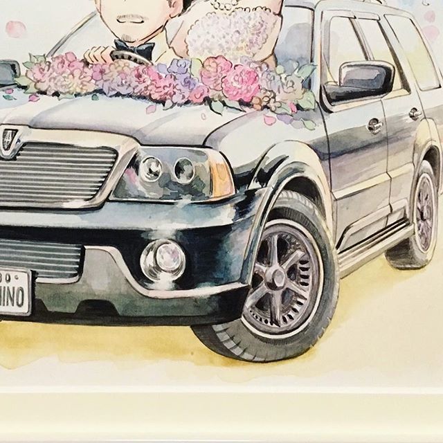 Turr Kaori Tsuge 幼い頃同じアパートで暮らしてた子の結婚式に飾るウェルカムボードを水彩で描きました 車好きの新郎さんへ 愛車に愛妻を乗っけたイラストです T Co 8fza6edsuq