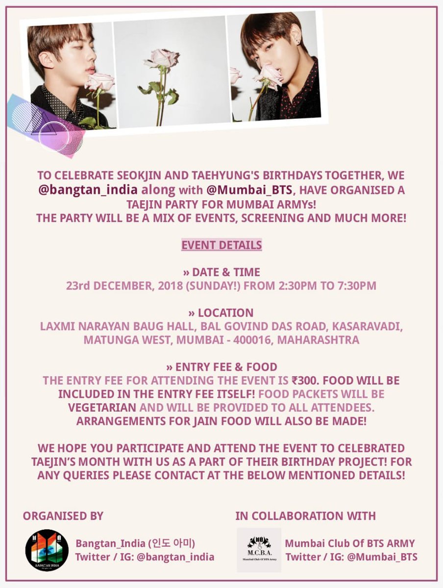 mumbai_bts's tweet photo. To celebrate @BTS_twt Jin &amp; V's month, we've organised a TAEJIN MEET for Mumbai ARMYs
Fee: ₹300(with Food)

Will have 4th Muster screening, talent show, merch sale &amp; much more!

Register + talent show + payment:https://t.co/AYBnUdxetm
EatJin + Vante event:https://t.co/skjvFPvEjY https://t.co/EJQFlQiXHq