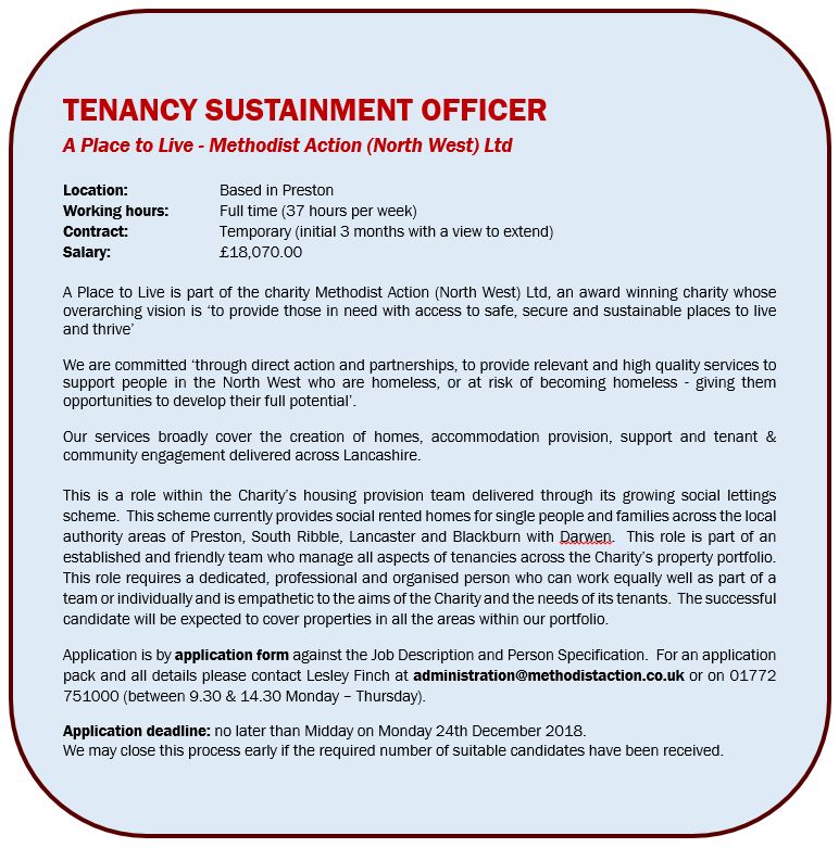 MethodistAction's tweet photo. @MethodistAction #Lancashire #job Tenancy Sustainment in A Place to Live. Request application pack from administration@methodistaction.co.uk https://t.co/BfNpAt1yKy