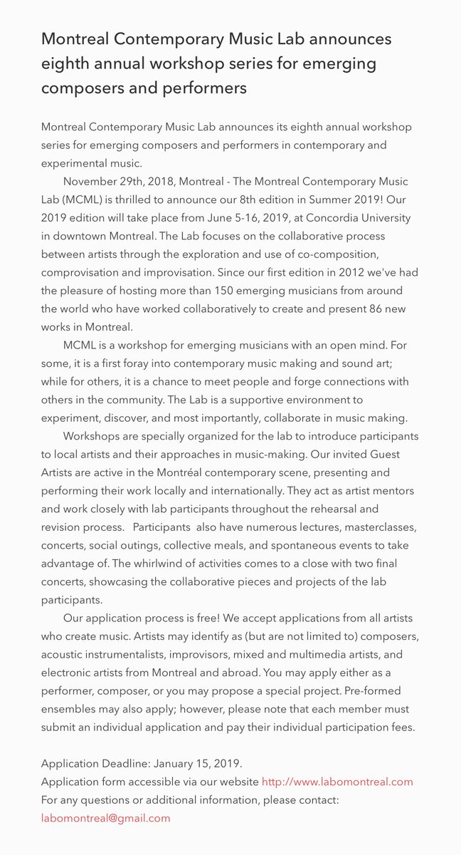 .<a href="/labomontreal/">LMCML</a> announces eighth annual workshop series for emerging composers and performers – deadline January 15 2019 - no application fee labomontreal.com #newmusic