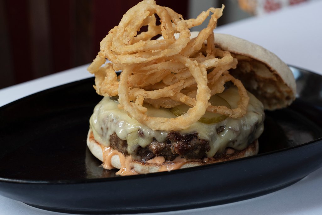 crispy onions, gruyere, special sauce, on an english muffin bun #tastyburger