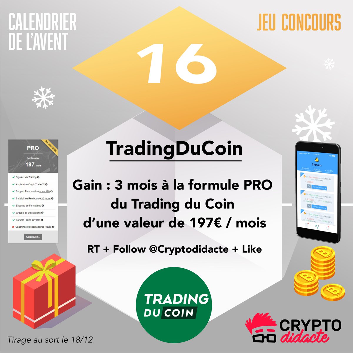 TheAltcoinsShow's tweet photo. JOUR 16 - JEU-CONCOURS - @TradingduCoin 

L'équipe du @TradingduCoin vous offre un accès GRATUIT à leur formule PRO pour une durée de 3 mois soit une valeur de 197€ x 3 = 591€ ! 😱🎁

Plus d'infos sur le service offert : https://t.co/ETjZBlSAU4

Tirage au sort dans 48H ! 🚀 https://t.co/K9Q9WIhv7R