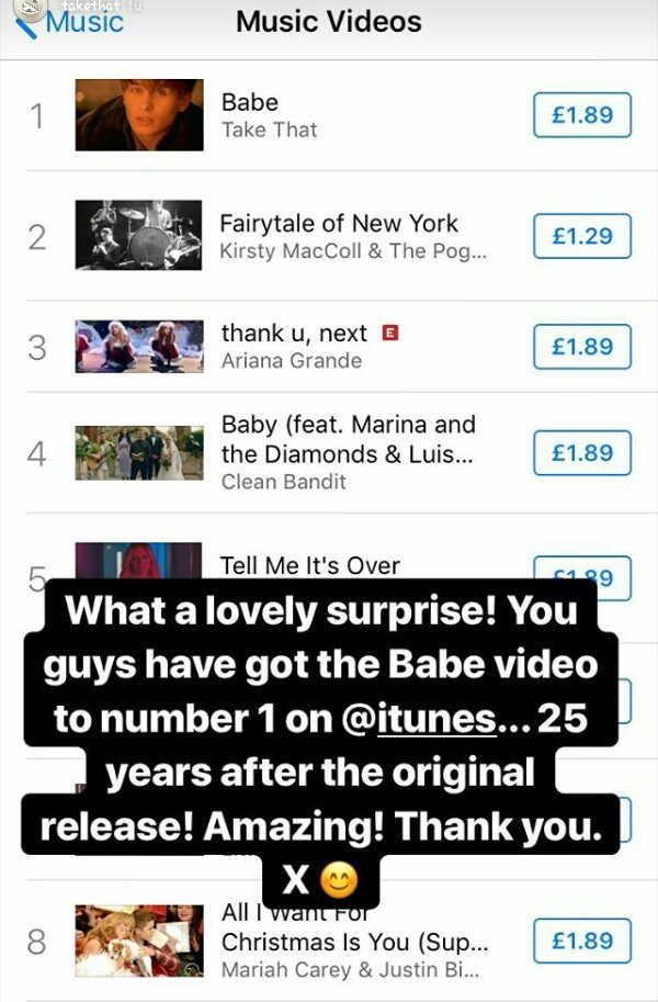 TakeThatFanBase's tweet photo. @takethat on #Instagram(-story) ๐ #Babe #originalrelease #guys #Itunes #amazing #JasonOrange @GaryBarlow #25yearslater #video #thankyou #numberone #surprise https://t.co/8uDemDNVqJ