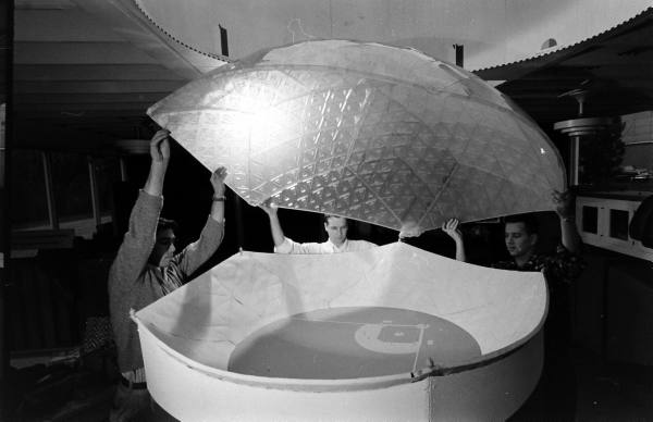 thorn_john's tweet photo. If Buckminster Fuller had had his way, baseball's first dome would have opened in Brooklyn, not Houston. (Illustration from Collier's Magazine, Sept. 27, 1952.) https://t.co/4ZNTqdC7oY