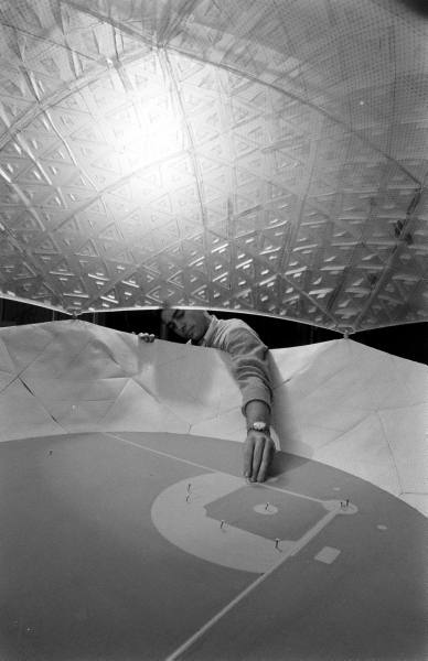 thorn_john's tweet photo. If Buckminster Fuller had had his way, baseball's first dome would have opened in Brooklyn, not Houston. (Illustration from Collier's Magazine, Sept. 27, 1952.) https://t.co/4ZNTqdC7oY
