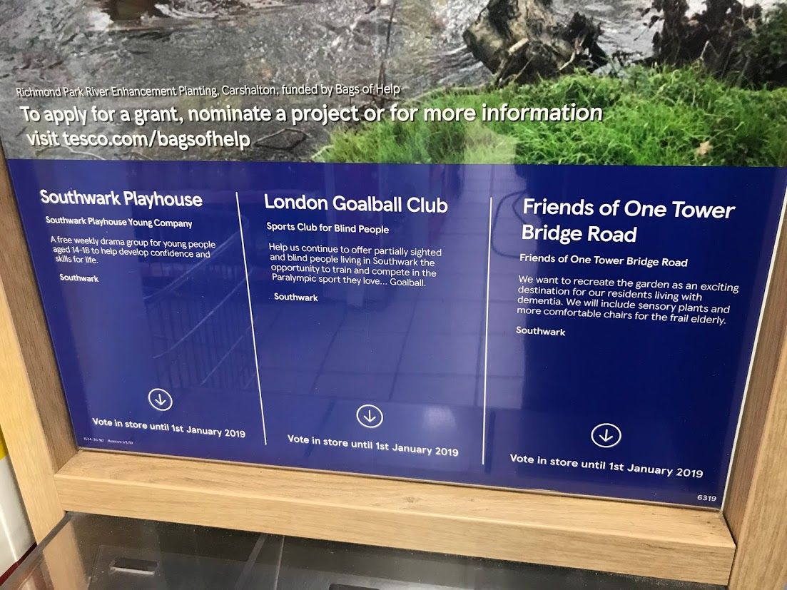 se1's tweet photo. In Southwark branches of Tesco this month there are three SE1 good causes you can support with your blue #bagsofhelp tokens:

- @YoCoSwkPlay at @swkplay 
- @LondonGoalball at @eaTheCastle 
- @carehomefriends at Tower Bridge / Bricklayers Arms

Deadline 31 Dec https://t.co/4KKbz8tqua