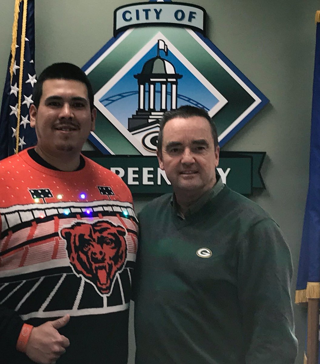 Cheyenne was the winner of the City Hall Ugly Sweater Contest. We hope that’s the only win the Bears will have this weekend!  #GoPackGo