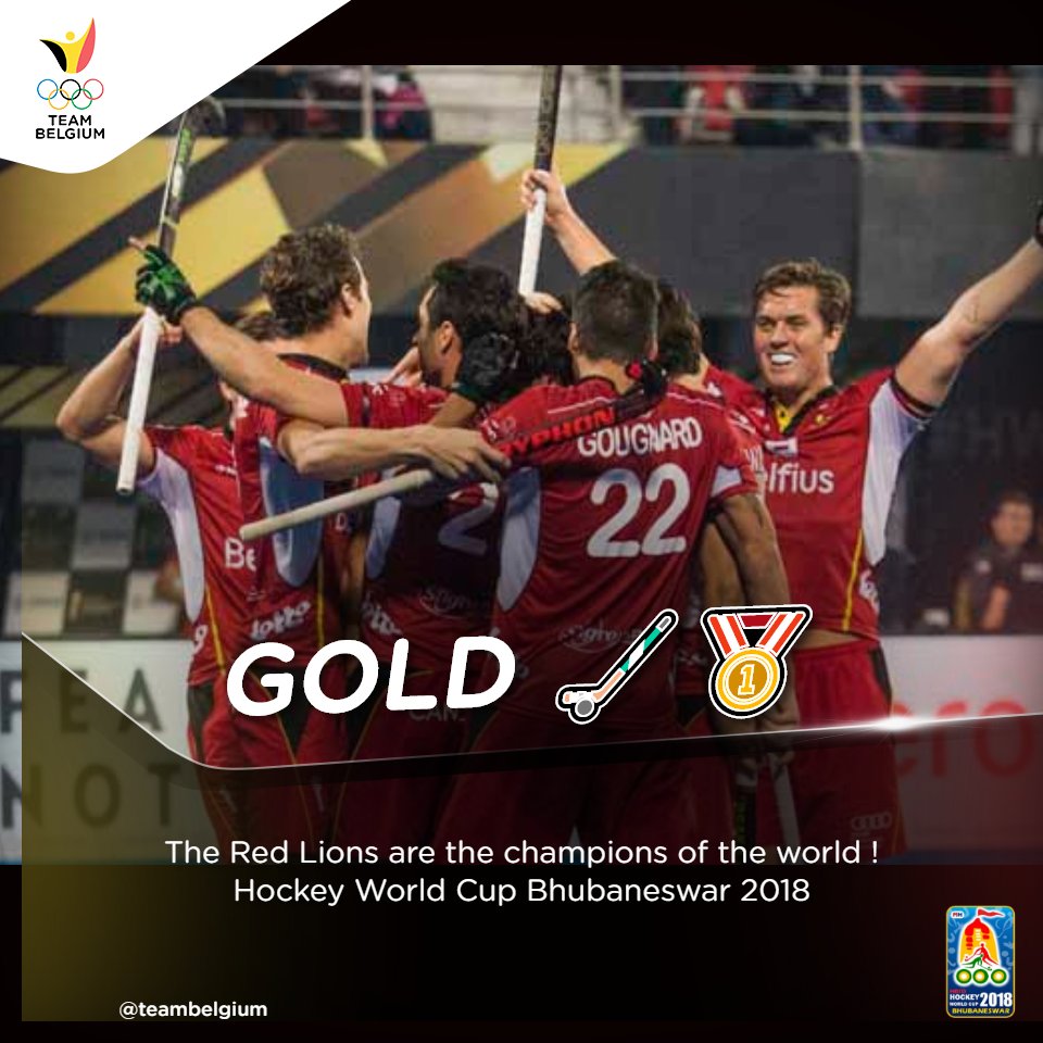 teambelgium's tweet photo. The Belgian Red Lions wrote history today! Worldchampions ! Hockey, #RoarTogether! Congratulations!🥇 https://t.co/ELaghpoY6F
