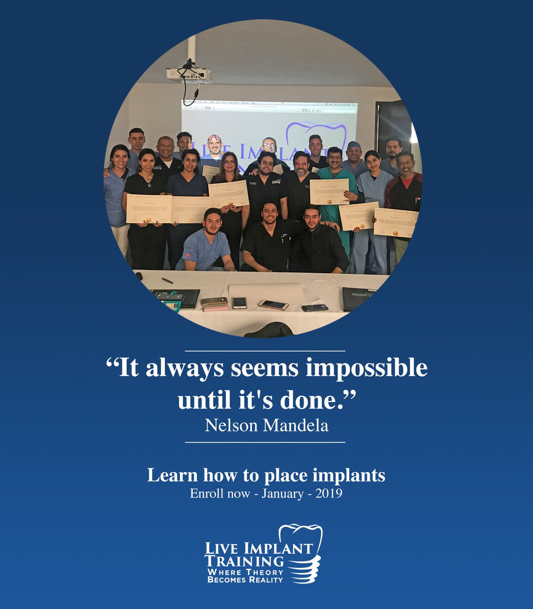 LiveImplants's tweet photo. “It always seems impossible until it’s done” Nelson Mandela
You can boost your practice!
Enroll now in our January 2019 course
More info https://t.co/AECsZrynVd
#Liveimplants #Dentaleducation #registernow #DentalImplant #Dentist #dentistry #dentistrylife #SundayWisdom https://t.co/ieXmlm7uHz
