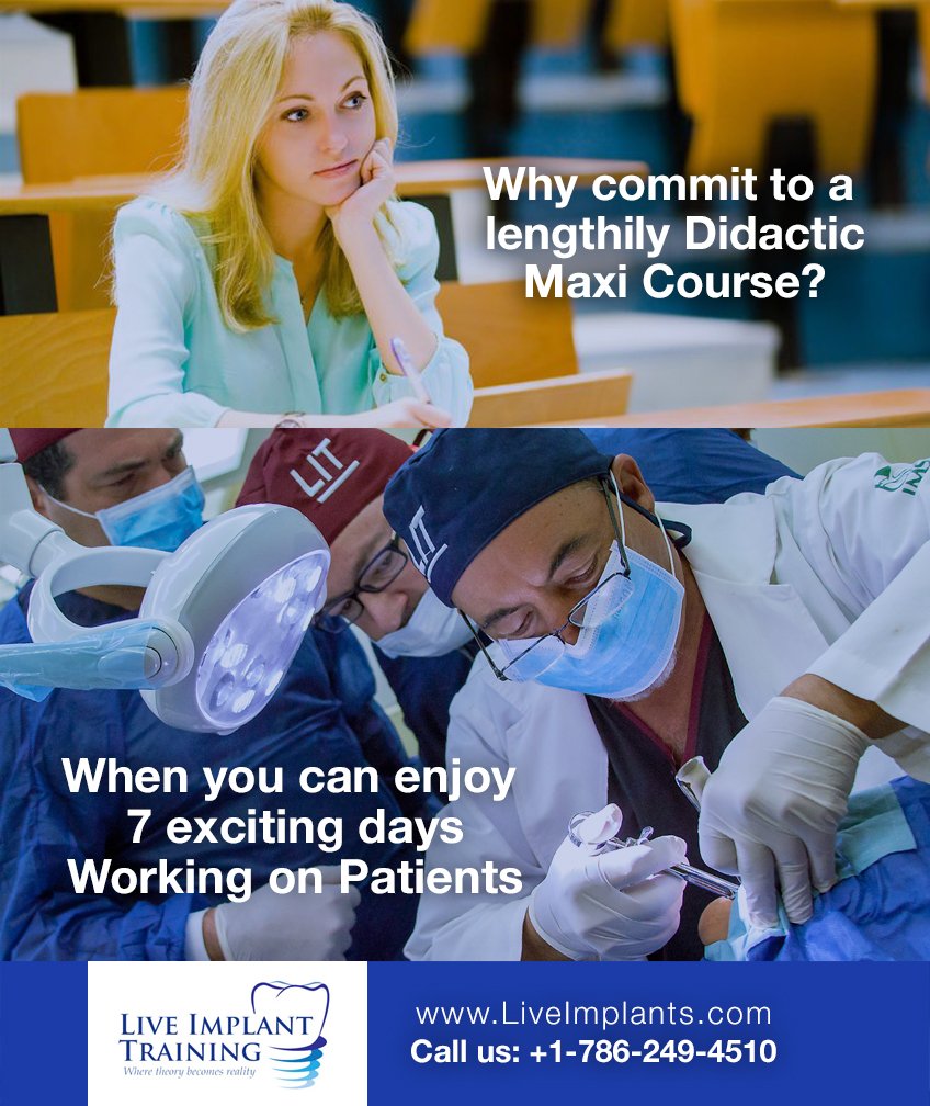 LiveImplants's tweet photo. Why commit to a lengthily Didactic Dental Course?
When you can enjoy 7 exciting days working on Patients!
ENROLL NOW only few seats available: January 2019
Information: https://t.co/qXHcHTpCe5
#Liveimplants #Dentaleducation #DentalImplant #Dentist #dentistry #dentistrylife https://t.co/mWnVsGopWn