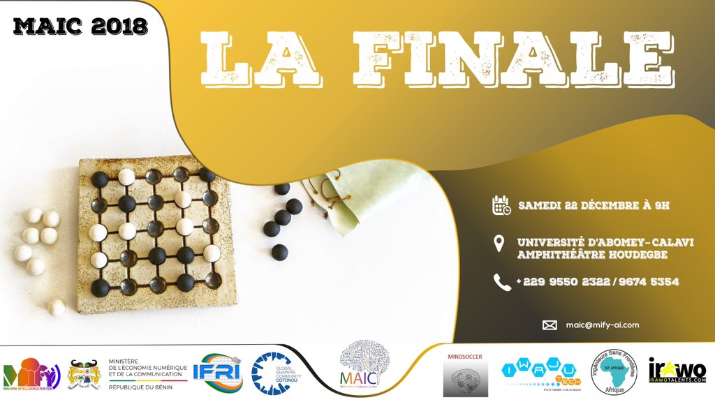 mifyai's tweet photo. Le Samedi 22 Décembre 2018, se déroulera la phase finale de la deuxième édition du MIFY Artificial Intelligence Contest. Inscription sur https://t.co/RzlskaDarF
#MAIC #MIFY #IFRI #MENC #AI
#Benin #Mindsoccer @Benin_Numerique @mifyai @CTNshapers @iwajutech @ISFAfrique https://t.co/nZWuUKjHPG