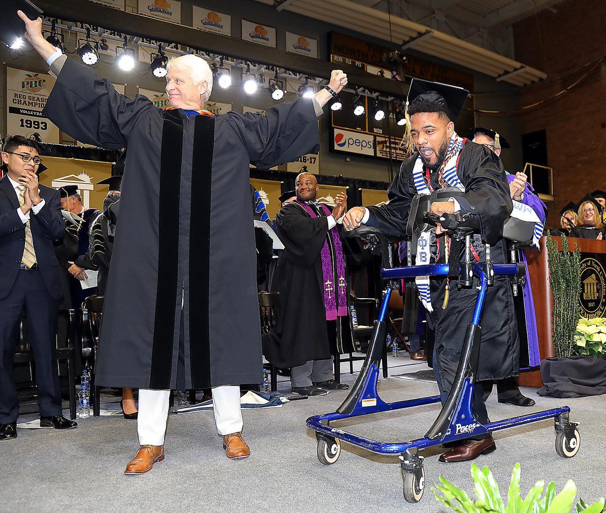 The roof was lifted off of Lumbee Guaranty Bank Court on Saturday when #BraveNation was able to witness Dustin Chavis WALKING across stage to receive his diploma. A truly special moment for all of us.