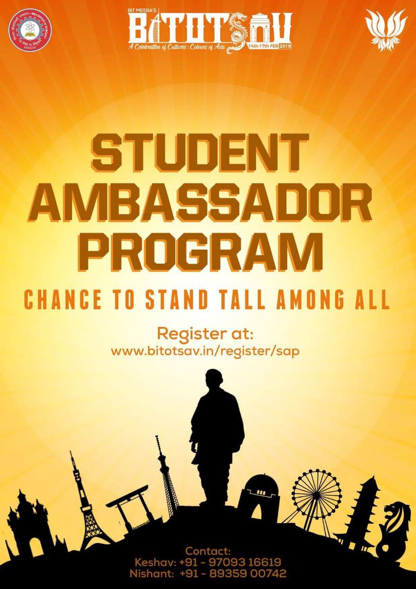 Bitotsav's tweet photo. The Student Ambassador Program is a great way for you to get involved with the organization of one of Eastern India’s largest cultural fiesta, BITOTSAV. 
Register at- https://t.co/YaeVdLH4HD 

#bitotsav_19
#colours_of_asia https://t.co/yx1CIUeXcT