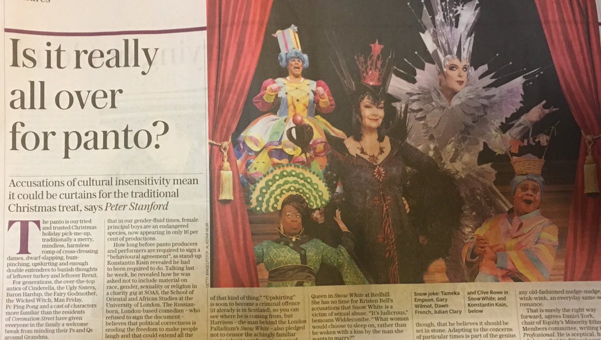 For crying out loud! Political correctness gone mad.’Using dwarves is heightism,and panto dames are insensitive to trans people.’ Get a grip.