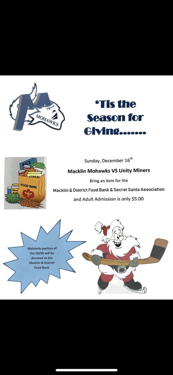 MacklinMohawks1's tweet photo. GAMEDAY!  Third game of our three game weekend goes tonight as the @unityminers are in town for a 6:00 puck drop! Be sure to come on out to support the boys as they look for a 6 point weekend! And make sure to bring those food bank items! https://t.co/5n7MJC9jfo