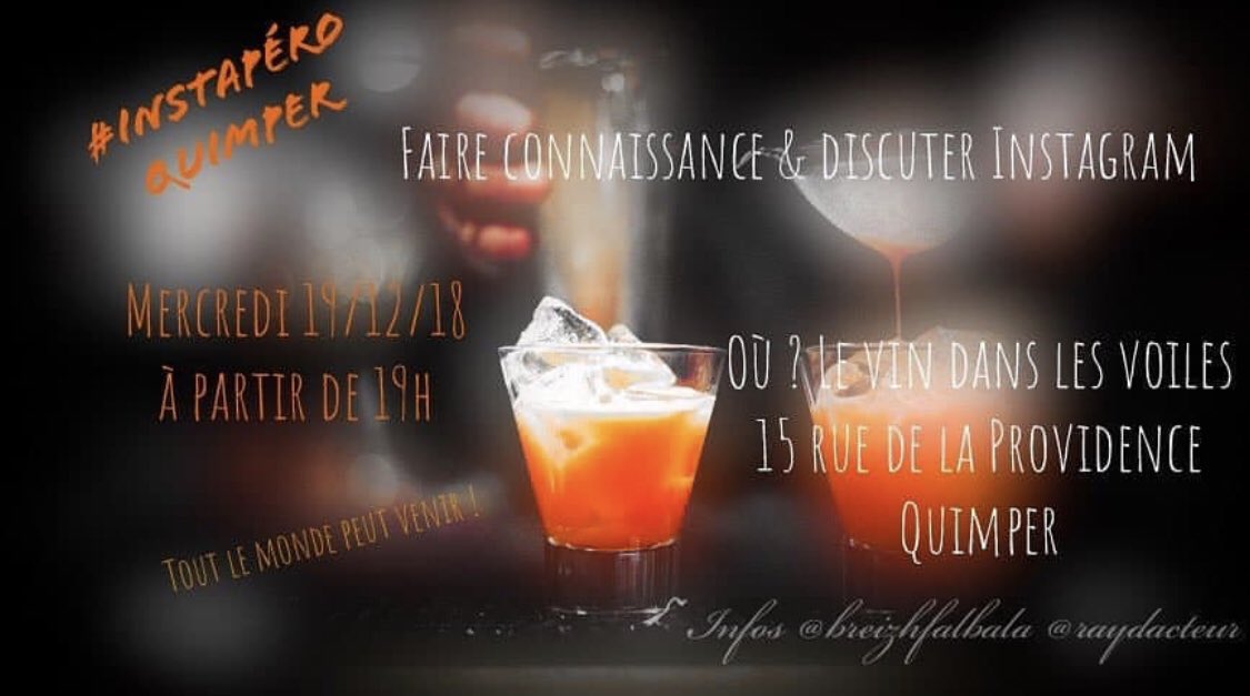 Team_Breizh's tweet photo. - Ça te dit un #instapero ? 🍻📲
- Oh oui ! 😁
- RDV à #Quimper au vin dans les voiles 🍷🍸🍾
- C’est quand ?
- mercredi 19 décembre 📆 à partir de 19h00 🕖
- Y aura qui ?
- Que des instagramers sympas, comme @raydacteur ou @_Falbala https://t.co/J6hM22ollY