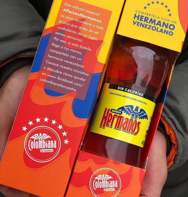 Birrilly's tweet photo. (((GRACIAS))) #Colombia La empresa de gaseosas @postobonoficial Grupo Empresarial Ardila-Lule saca está version de refresco #Colombiana #PaisesHermanos, les doy las gracias por esté gesto tan loable en estos momentos tan duros para los #Venezolanos @ReporteYa @BMarmoldeLeon https://t.co/Fo7CaisuRl