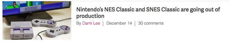 BAD NEWS: Nintendo’s NES Classic and SNES Classic are going out of production and won’t be restocked once the holiday season stock sells out. Grab one while they last: amazon.com/d/Nintendo-Nes…
