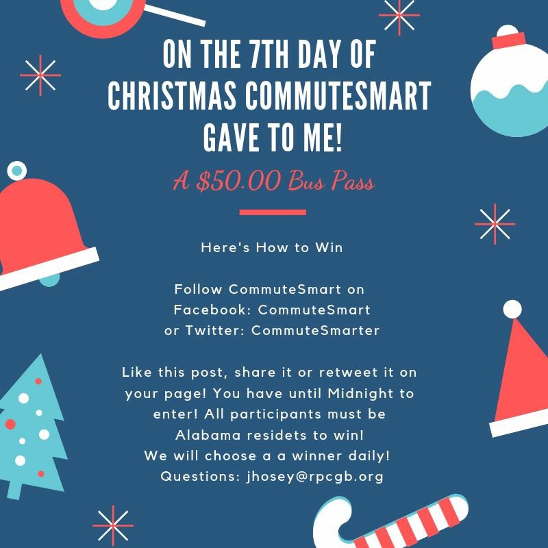 commutesmarter's tweet photo. On the 7th Day of Christmas CommuteSmart gave to me a $50 Transit pass to @BJCTAMAX!!! #CommuteSmartChristmas #CommuteSmartbham https://t.co/6RQgh3pcBf