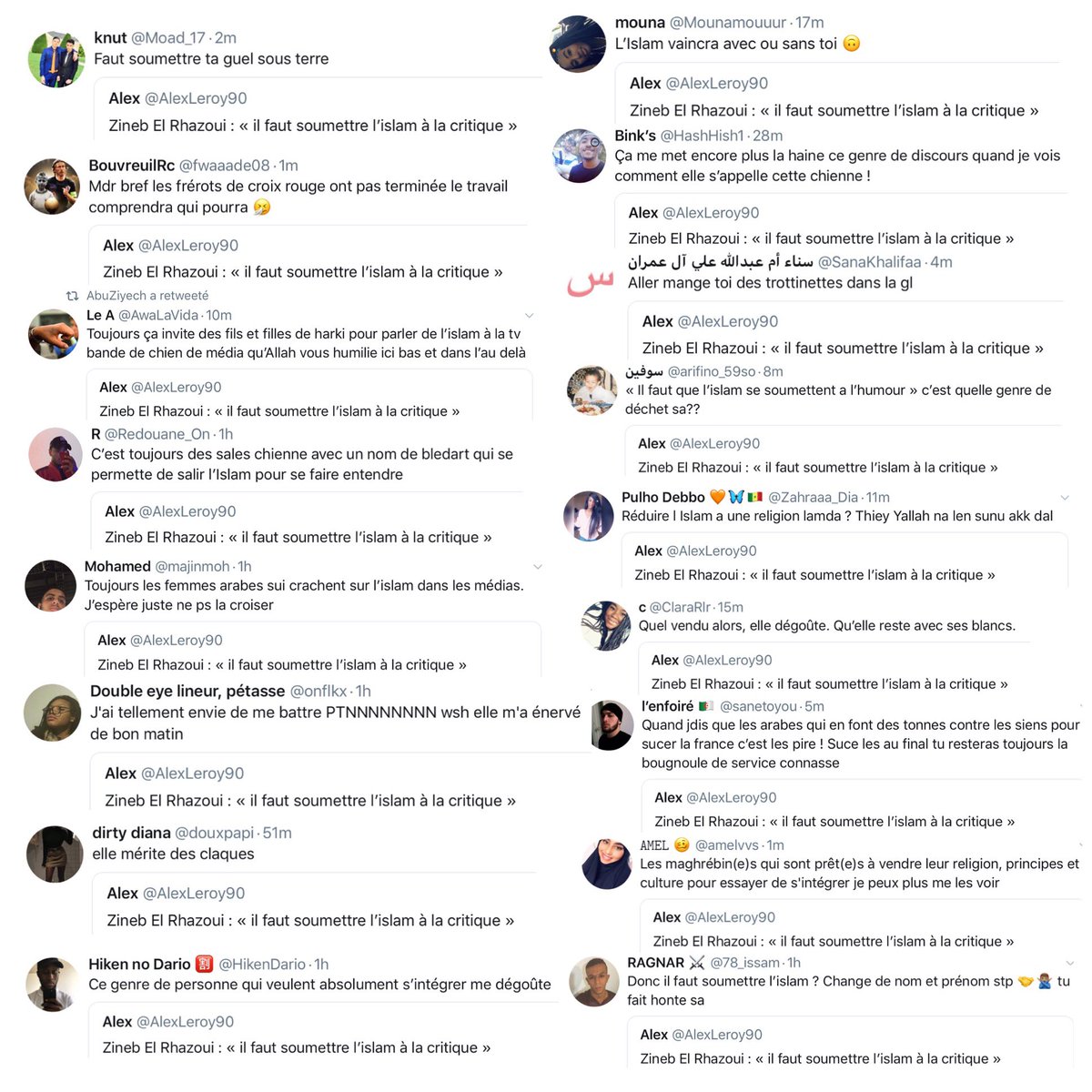 AlexLeroy90's tweet photo. Apologie du terrorisme, menace de mort, de viol, de violence physique, insulte : la chariasphère s’en prend à @ZinebElRhazoui https://t.co/R4YyUpvxOh
