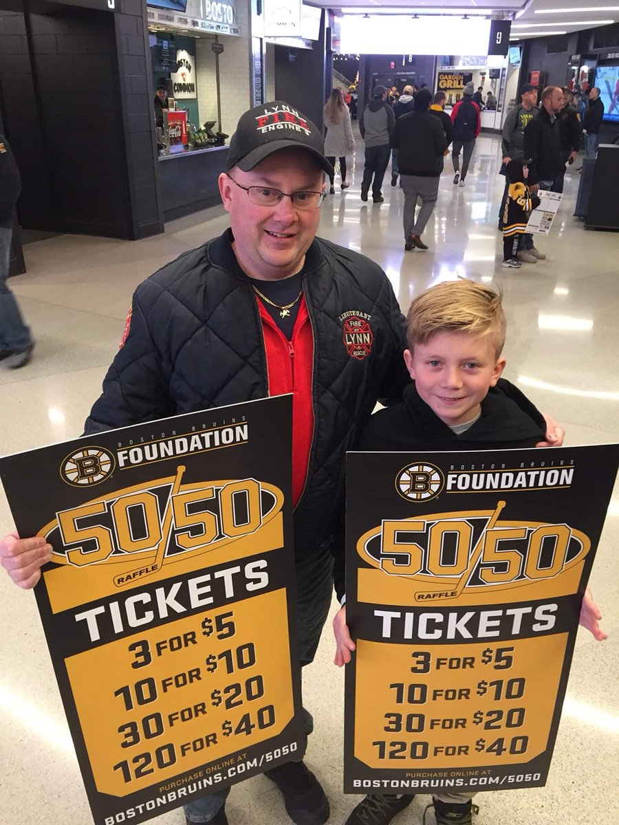 LynnFireDept's tweet photo. Lynn Fire Lieutenant Scott Barnard was among many firefighters volunteering at the Bruins game collecting for the 50/50 raffle. Proceeds go to the Ava #FFRoy fund. Pictured w/ Lt. Barnard is Lynn FF Ryan Newhalls son, Colin Newhall helping out. We are told the raffle over 100K! https://t.co/74NaYlgVlv