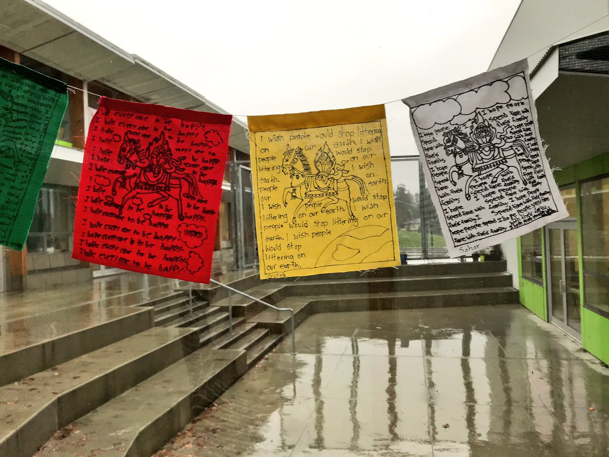 Hope flags hanging in the hallway down to our Holiday concert! #pittriverisawesome <a href="/sd43bc/">School District 43</a>