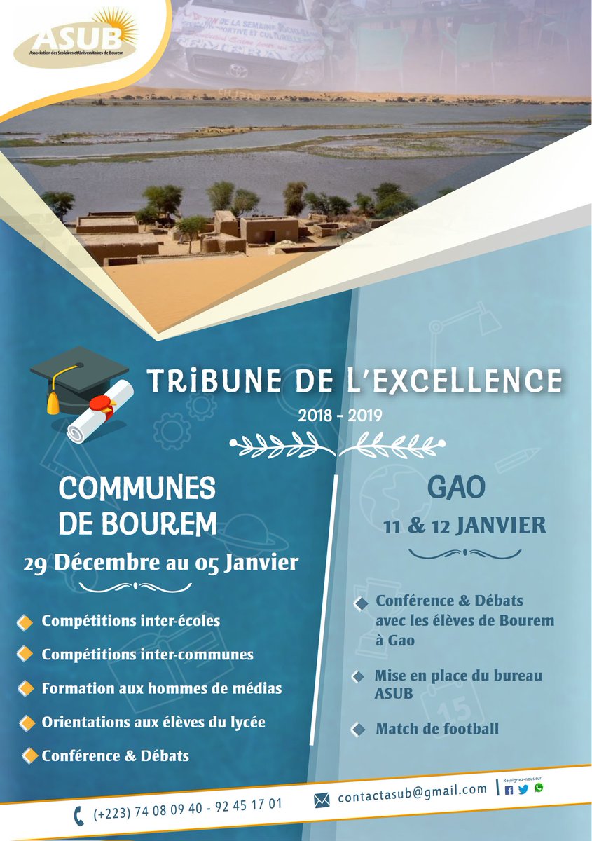 ASUBOUREM's tweet photo. L'Association des Scolaires et Universitaires de Bourem organise du 29 Déc au 12 Janvier des activités de formations, d'orientations de concours et football dans les communes de #Bourem et à Gao. 
@inboraghan @MaigaZouera @Cheick_S_Maiga @TOUREIb05 @LalaichaM @AbdoulML https://t.co/8qzCHo1jex
