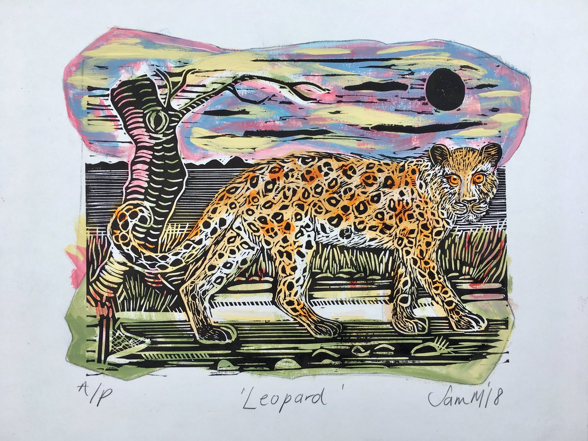 Hello #handmadehour ! Just finished a little leopard linocut commission for my friends son for Christmas - he’s a colourful character! #linocut #printmaking #printer #leopard