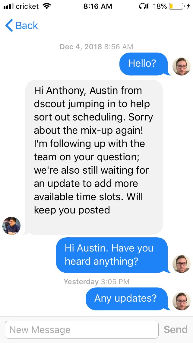 TheTinyIT's tweet photo. @dscout I love your app but I’m being ignored... https://t.co/l06XNROE8q
