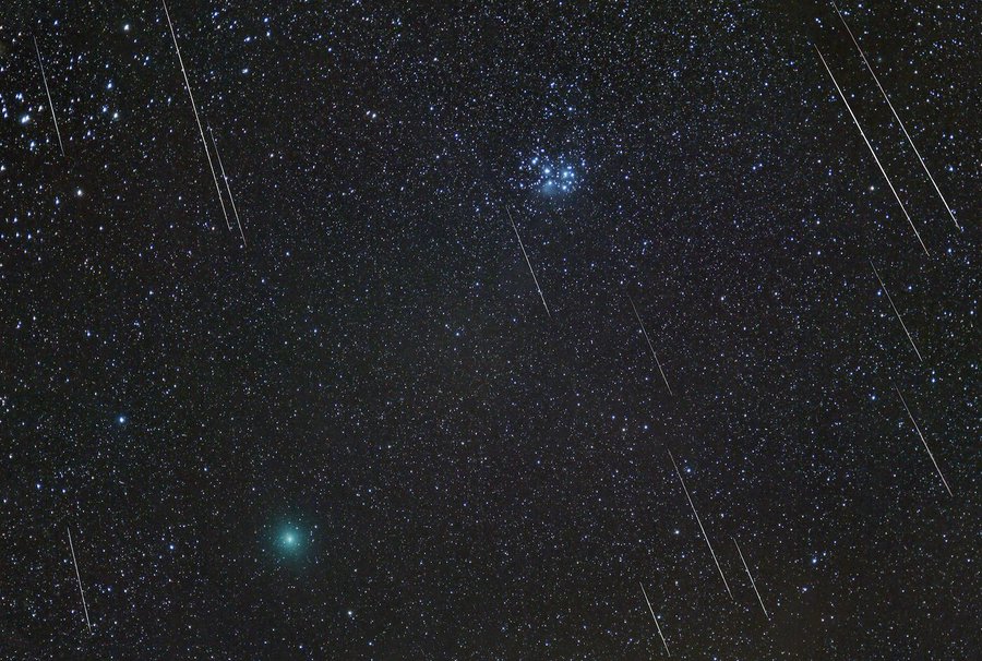 Geminid meteor shower around comet 46P and the Pleiades