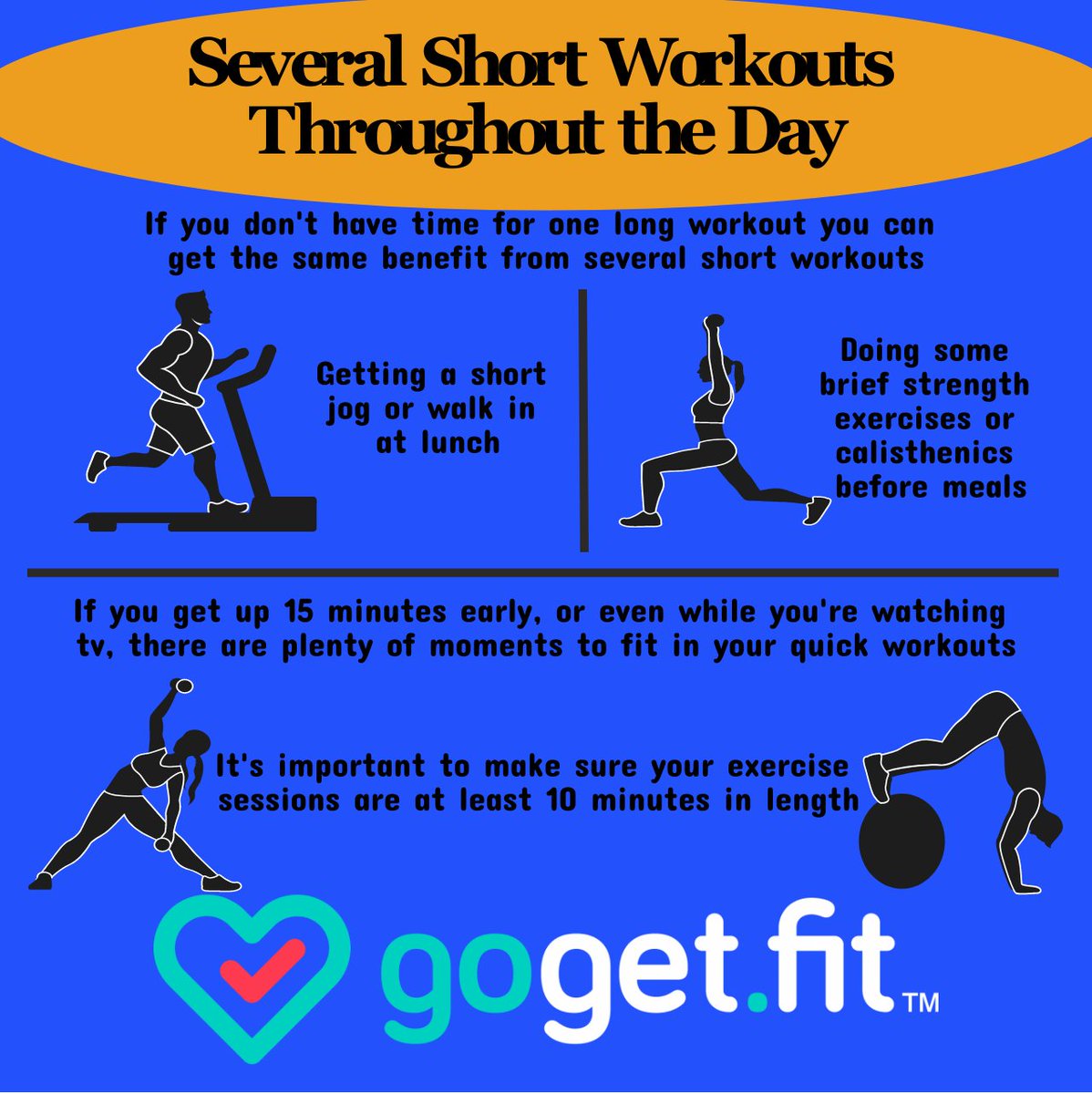 gogetdotfit's tweet photo. If you don't have the time for one big workout in your day, you can still use 10 minute workouts assorted throughout the day to get similar benefits! #fit #fitness #exercise #health #healthy #gogetfit #150minutesaweek https://t.co/k2TpAqGV2O