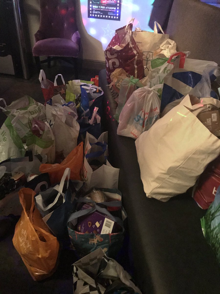ArtsPartSA's tweet photo. Over 45 bags of food collected for South Ayrshire food banks at The Second Pull at #Cameronโs Bar Ayr. Sincere thanks to George and all the amazing performers! #saculture #salibraries https://t.co/9LiwCzsT3R