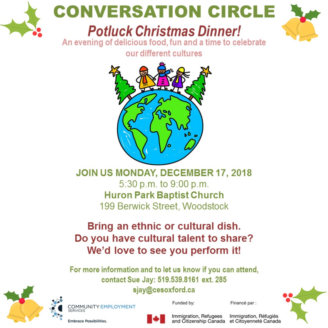 ces_oxford's tweet image. Looking forward to seeing you tomorrow night at Huron Park Baptist church for our Christmas Potluck! All welcomed, bring a friend!
#ConversationCircle #AllWelcomed #OxfordCounty