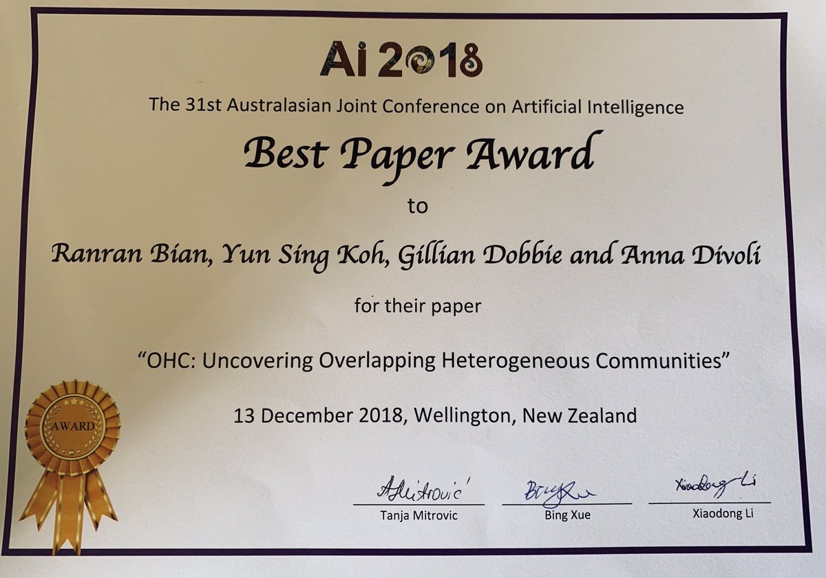 Congratulations to Monica (Ranran) Bian, <a href="/PingarHQ/">Pingar</a>’s PhD student with the <a href="/AucklandUni/">University of Auckland | Waipapa Taumata Rau</a> for receiving the best paper award at the Australasian Joint Conference on #ArtificialIntelligence last week!