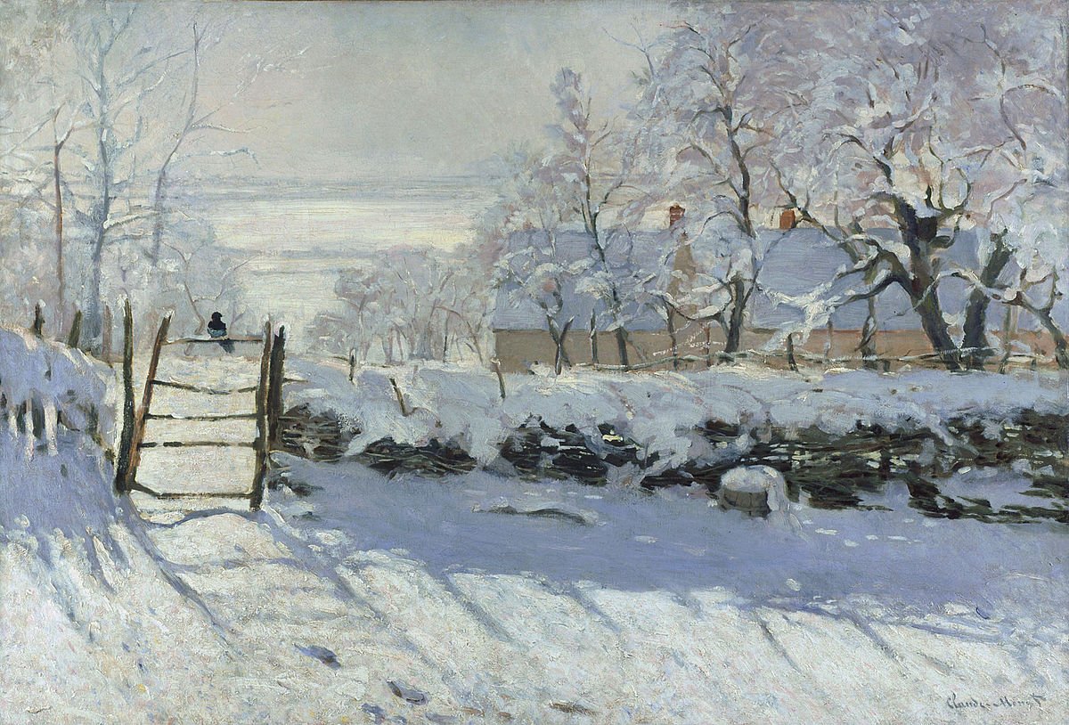 Finelyio's tweet photo. Claude #Monet (1840-1926) was a key #French #Impressionist. The term itself stems from one of his paintings, and he helped organize the first Impressionist exhibition in 1874. This is The Magpie (c.1868/69) - it's considered one of the finest of his ~140 snowscapes. #finelyio https://t.co/v4XiU0uLlr