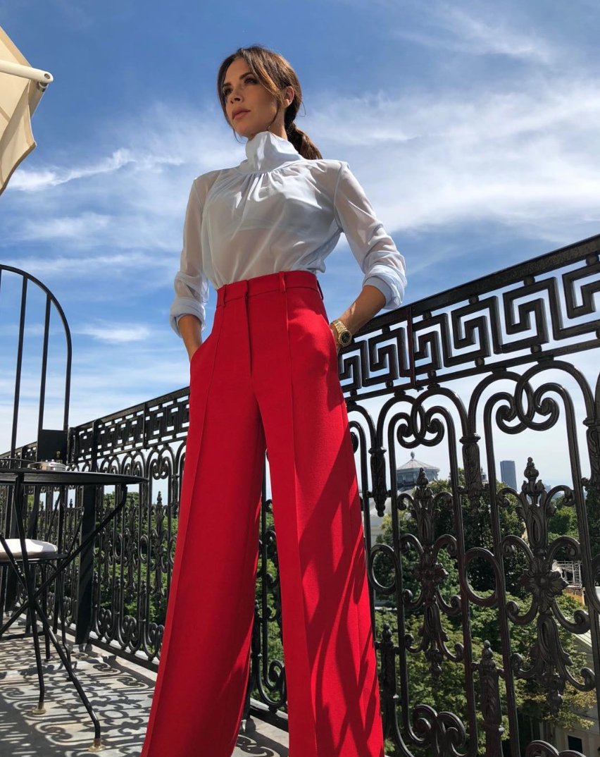 Victoria Beckham on X: My favourite #VBPreSS19 look - red tailored wide  leg trousers and the light blue gathered sheer top. Now available at   and #VBDoverSt! x VB  / X