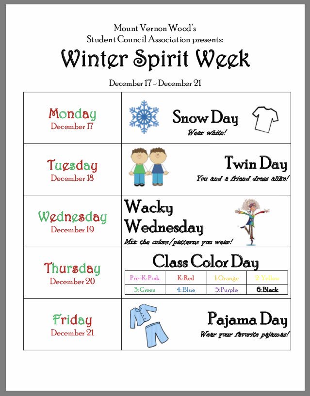 MVWES_SCA's tweet photo. Join us as we celebrate the last week of school before break! First up— snow day!! ❄️ #MVWES #spiritweek #studentcouncil https://t.co/rS920ht0FJ