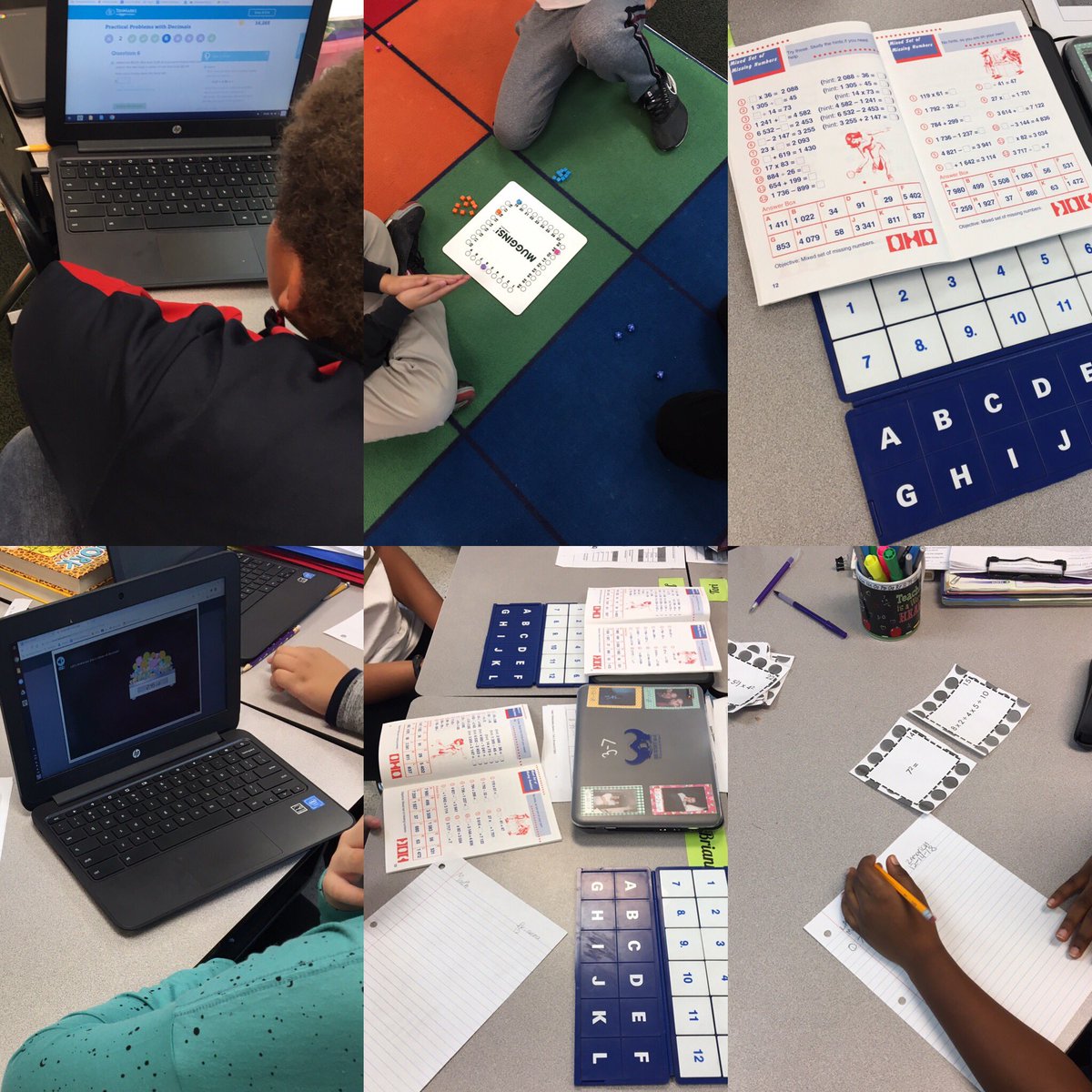mathmom2boys's tweet photo. Great small group math stations happening in this 5th grade room. Students were all engaged & sharing their learning with me. #engaged #handsonmath #smallgrouprocks @HESVBVikings @VBMathRocks @MsMunari @jen_freemanvb https://t.co/AQ0Bc7WokG