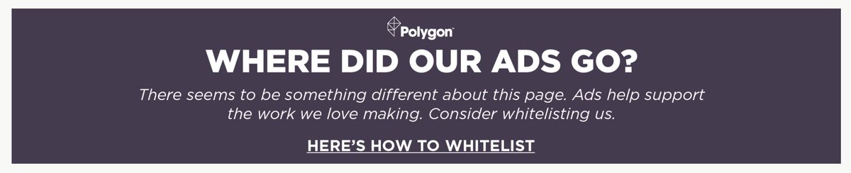 ghammadi's tweet photo. @Polygon I know, I'm one of those ad-blocker users. But I'd love to support your work. Can't seem to find a paid / ad-free membership plan type. Are you peeps considering this approach? https://t.co/q5WjWG4AQf