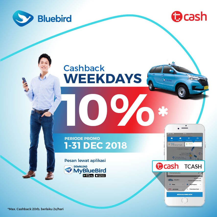 bluebirdgroup's tweet image. Weekdays hemat naik Bluebird #pakeTCASH Cashback 10% dengan maximal cashback 20 Ribu! *Promo dapat berubah sewaktu-waktu sesuai kebijakan TCASH.