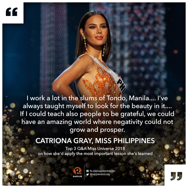 rapplerdotcom's tweet photo. #MissUniverse Catriona Gray: "...If I could teach also people to be grateful, we could have an amazing world where negativity could not grow and prosper..." https://t.co/L2Qoudsvr6