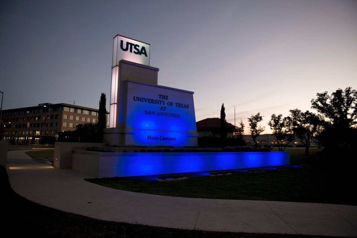 UTSA's tweet photo. Tonight, the Monuments and Student Union Tower lights are shining blue and white to celebrate our grads. The #UTSA alumni network is now up to more than 126,000. You make us proud, ‘Runners! #UTSAGrad18 https://t.co/RItVDiebMX